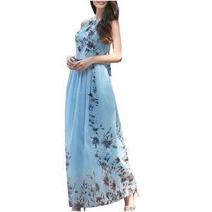 Kuiyige Size M Blue Floral Halter Top Maxi Formal Dress
